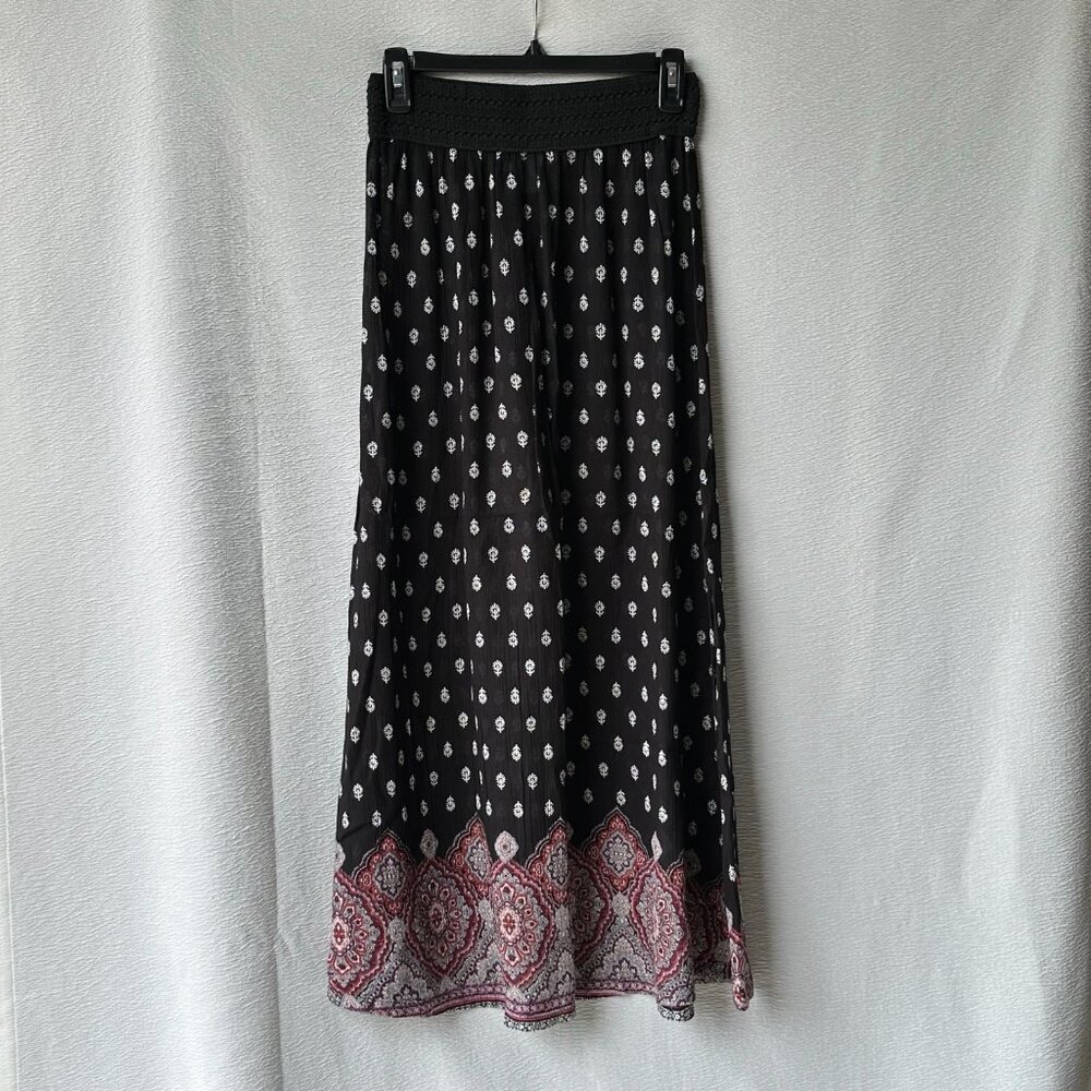 Black Mixed Print Maxi Skirt Elastic Waist Band